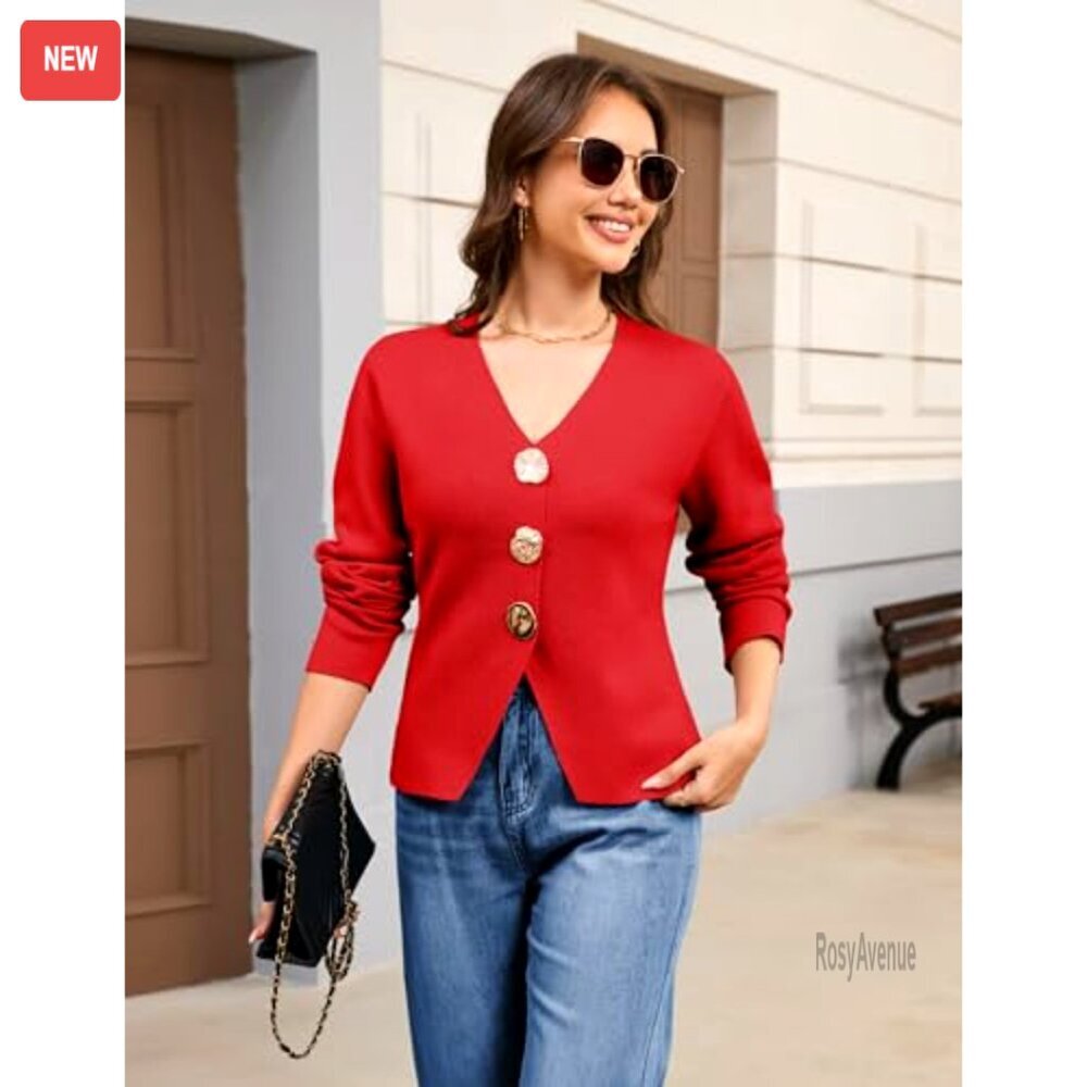 Cropped Cardigan V-Neck Long Sleeve Gold Button Knit Sweater Chic Office Wear - Picture 3 of 6
